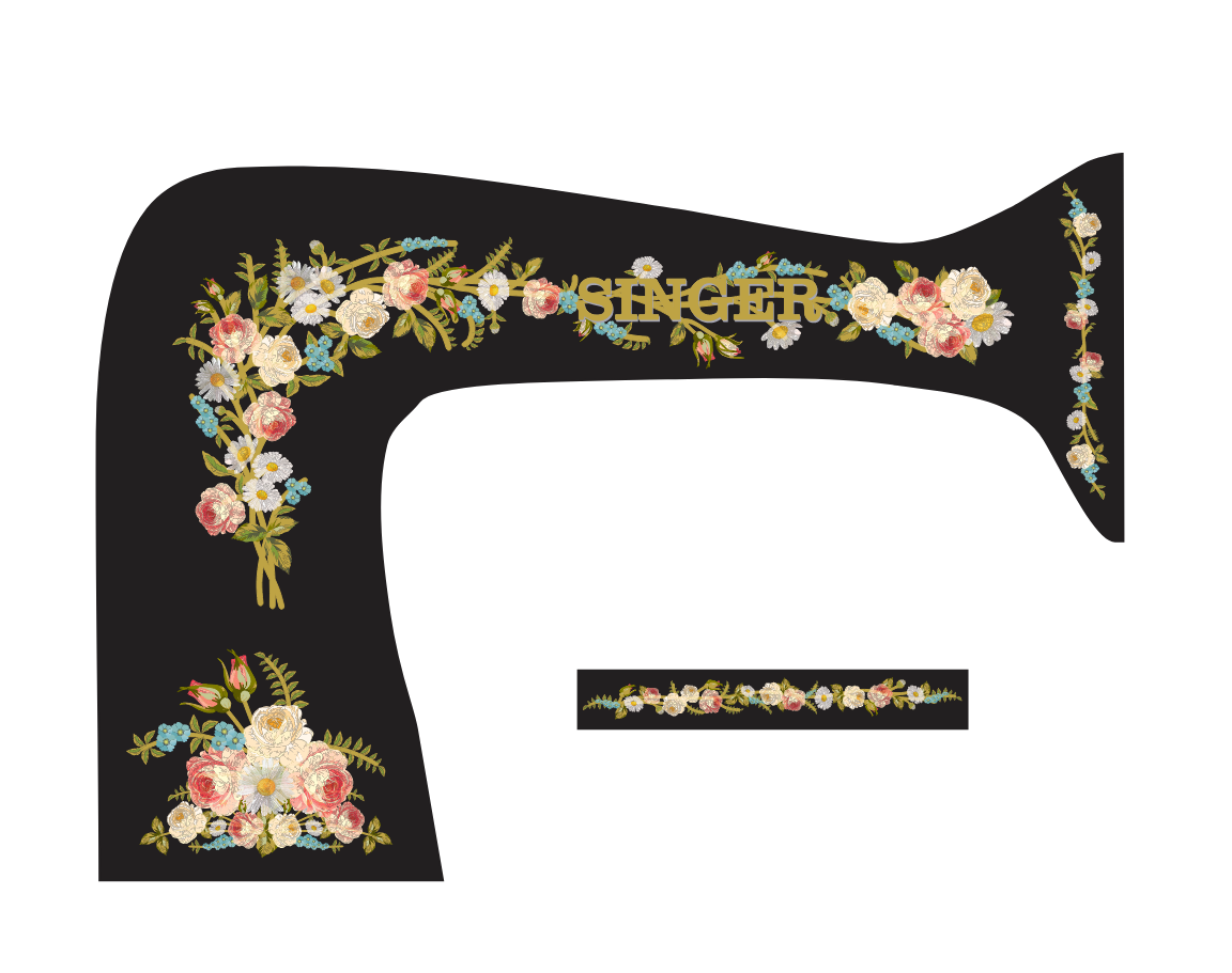Model 15K 'Painted Roses, Daisies and Forget Me Knots' sewing machine waterslide decals