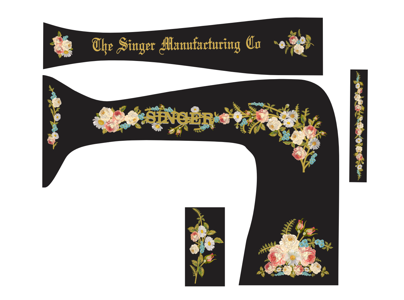 Model 15K 'Painted Roses, Daisies and Forget Me Knots' sewing machine waterslide decals