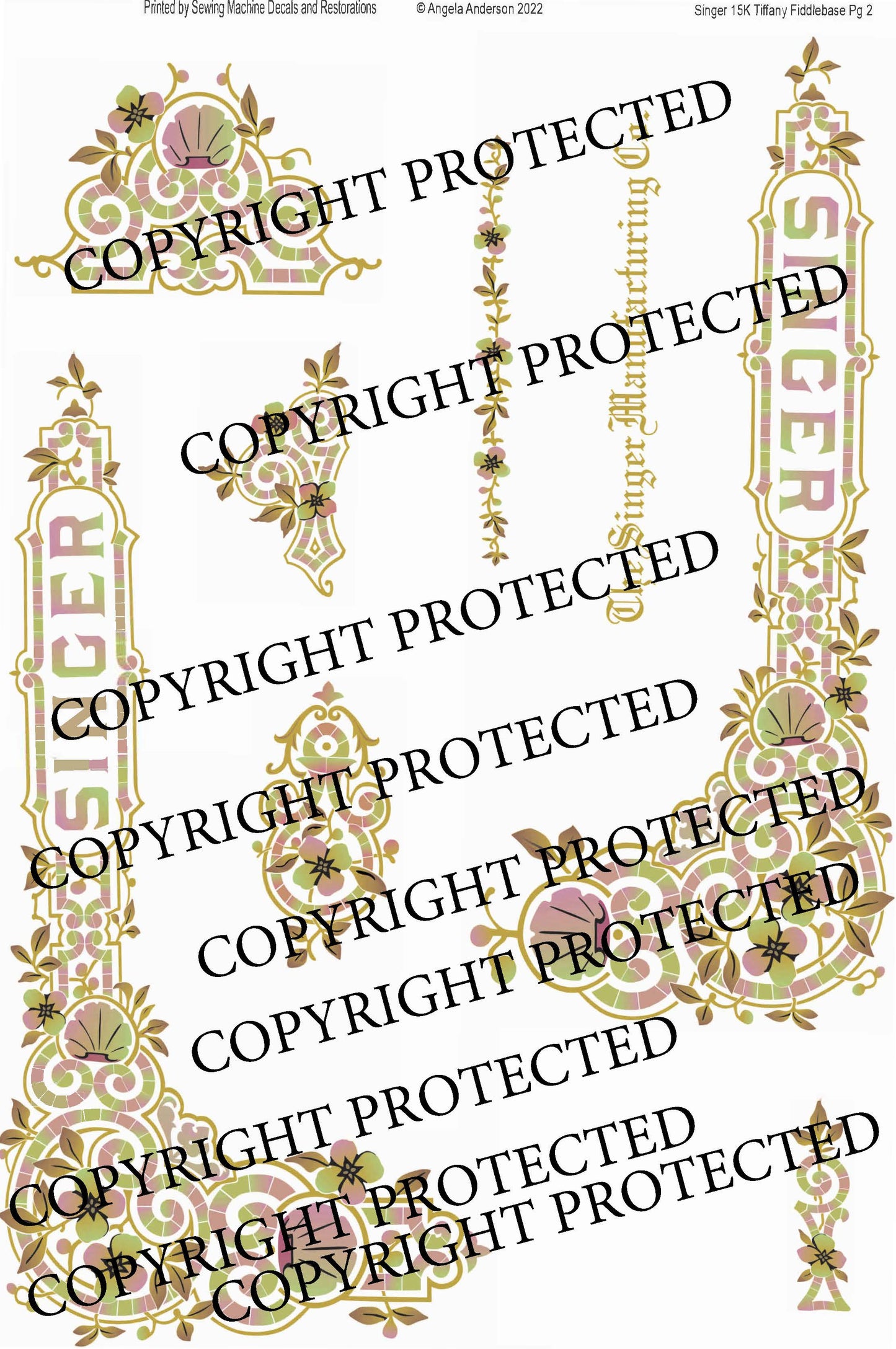 Model 15K Improved Family Fiddlebase 'Tiffany' Sewing Machine waterslide decals