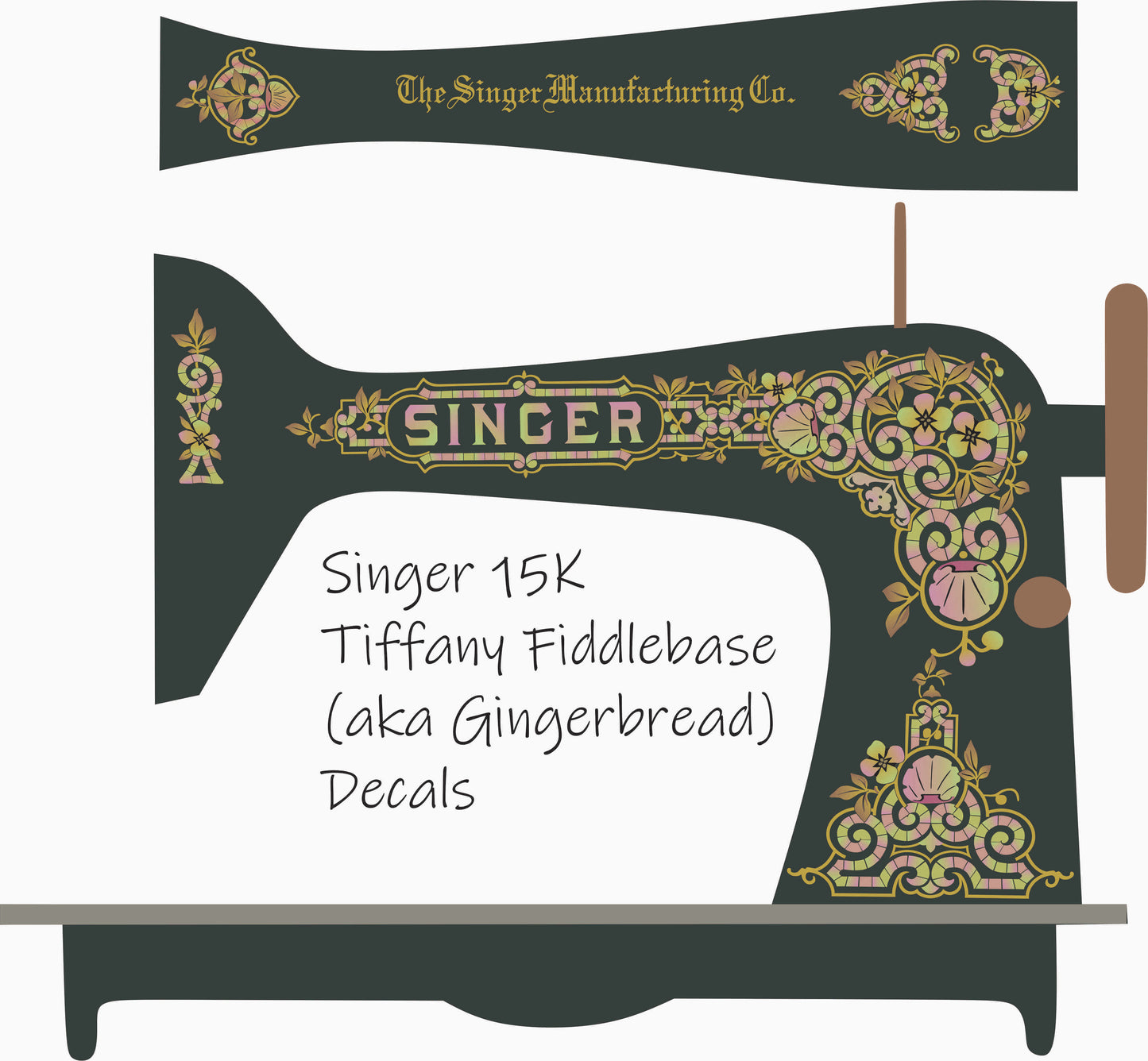 Model 15K Improved Family Fiddlebase 'Tiffany' Sewing Machine waterslide decals