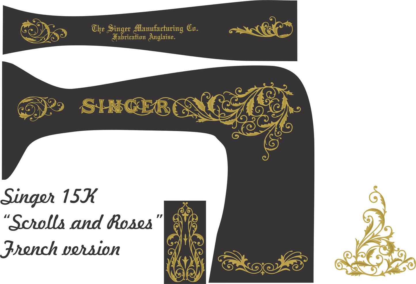 Model 15K 'Scrolls and Roses' - French version Sewing Machine Waterslide Decals