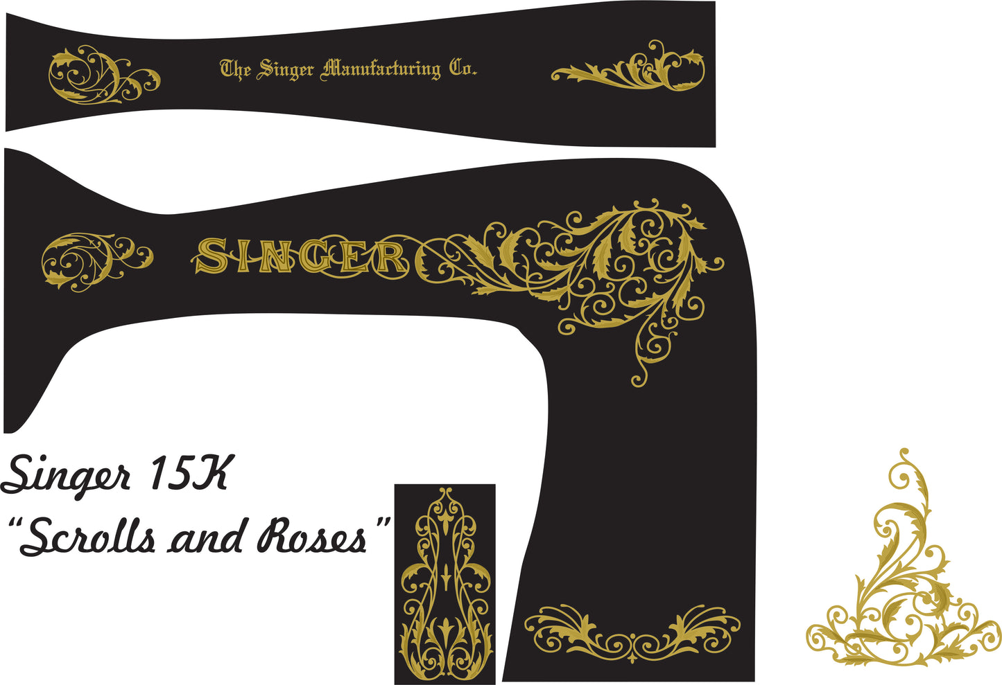 Model 15K 'Scrolls and Roses' Sewing Machine Waterslide Decals