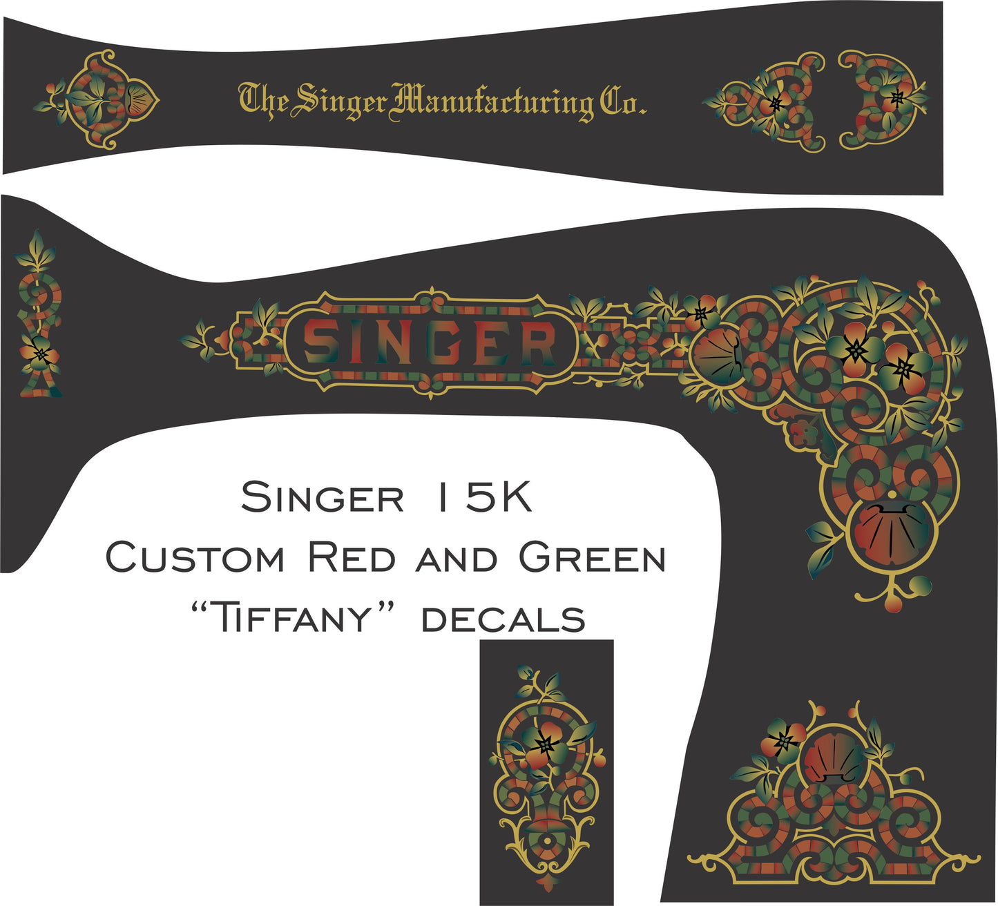 Model 15K Custom red and green 'Tiffany' Sewing Machine Waterslide Decals