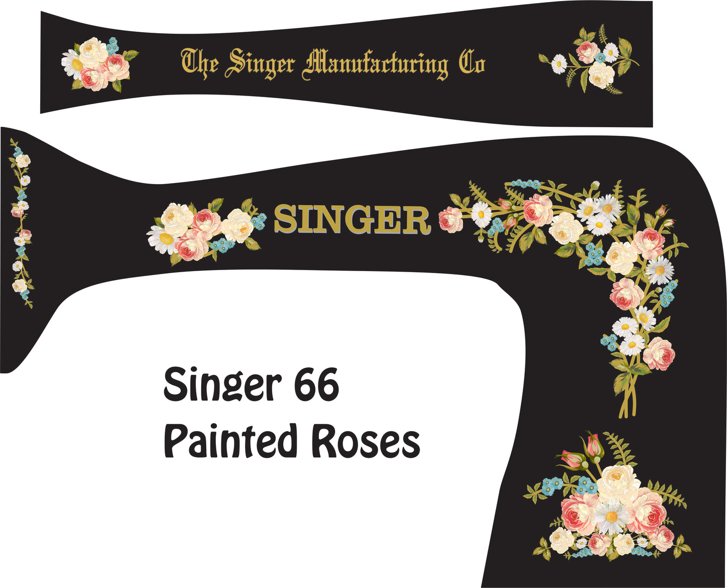 Model 66 "Painted Roses, Daisies and Forget Me Knots" sewing machine waterslide decals