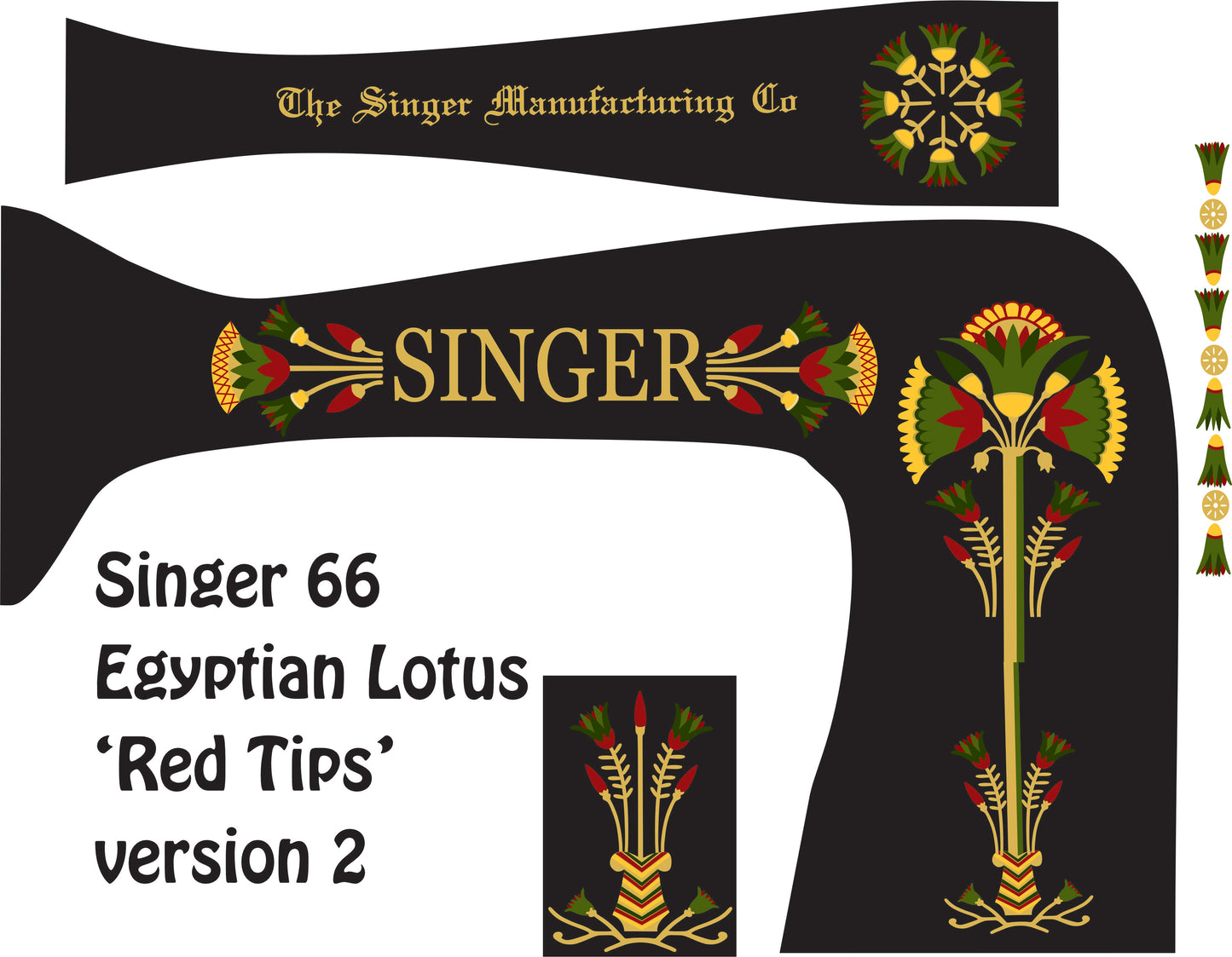 Model 66 "Egyptian Lotus" with red tips (alternate version) sewing machine waterslide decals