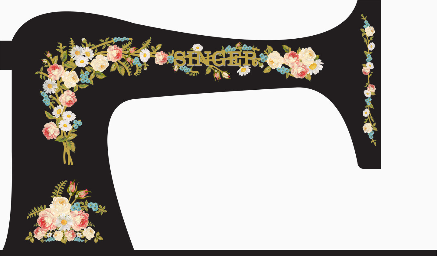 Singer VS2 Model (Vibrating Shuttle) "Painted Roses, Daisies and Forget Me Knots" Fiddlebase sewing machine waterslide decals