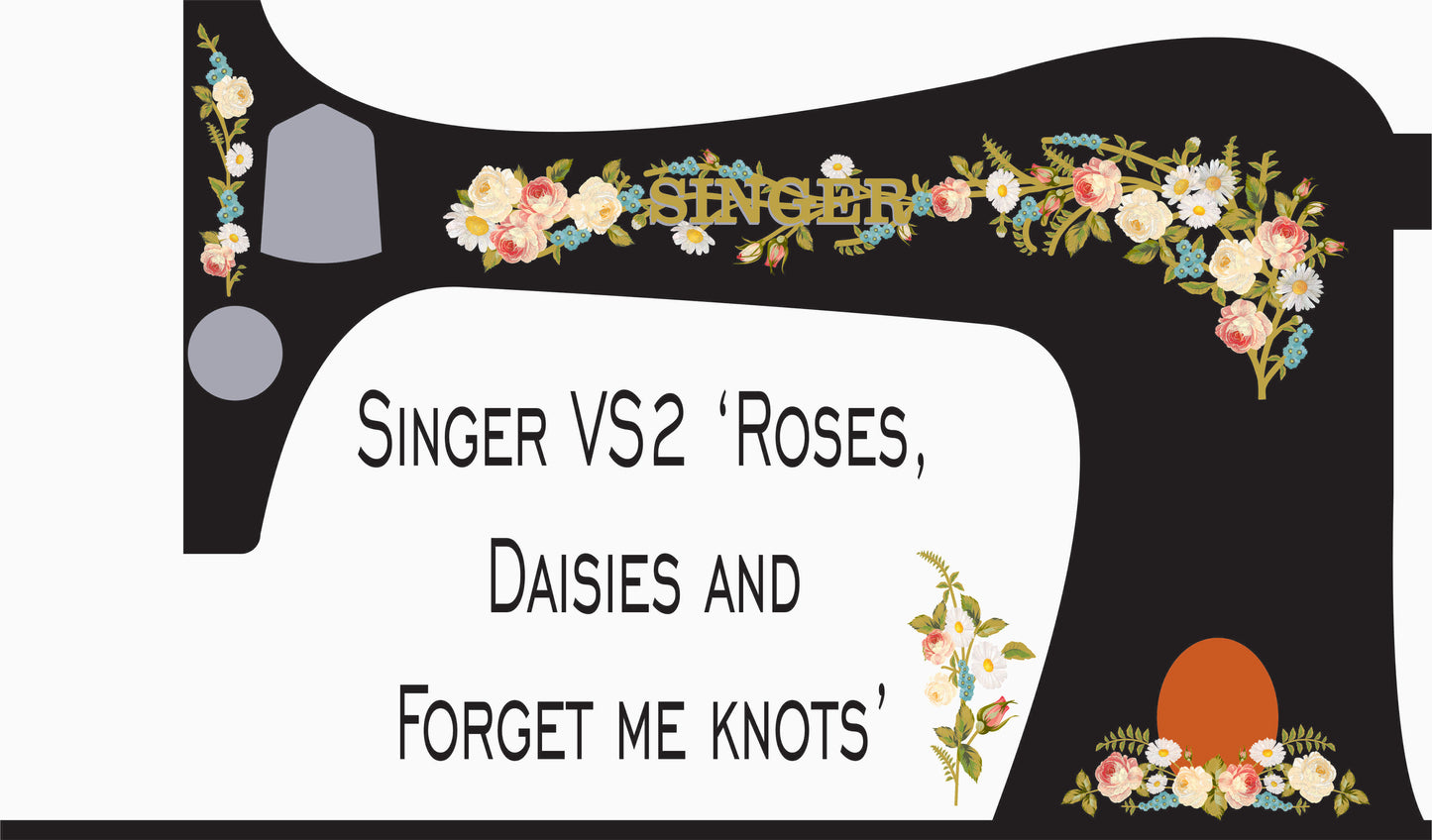 Singer VS2 Model (Vibrating Shuttle) "Painted Roses, Daisies and Forget Me Knots" Fiddlebase sewing machine waterslide decals