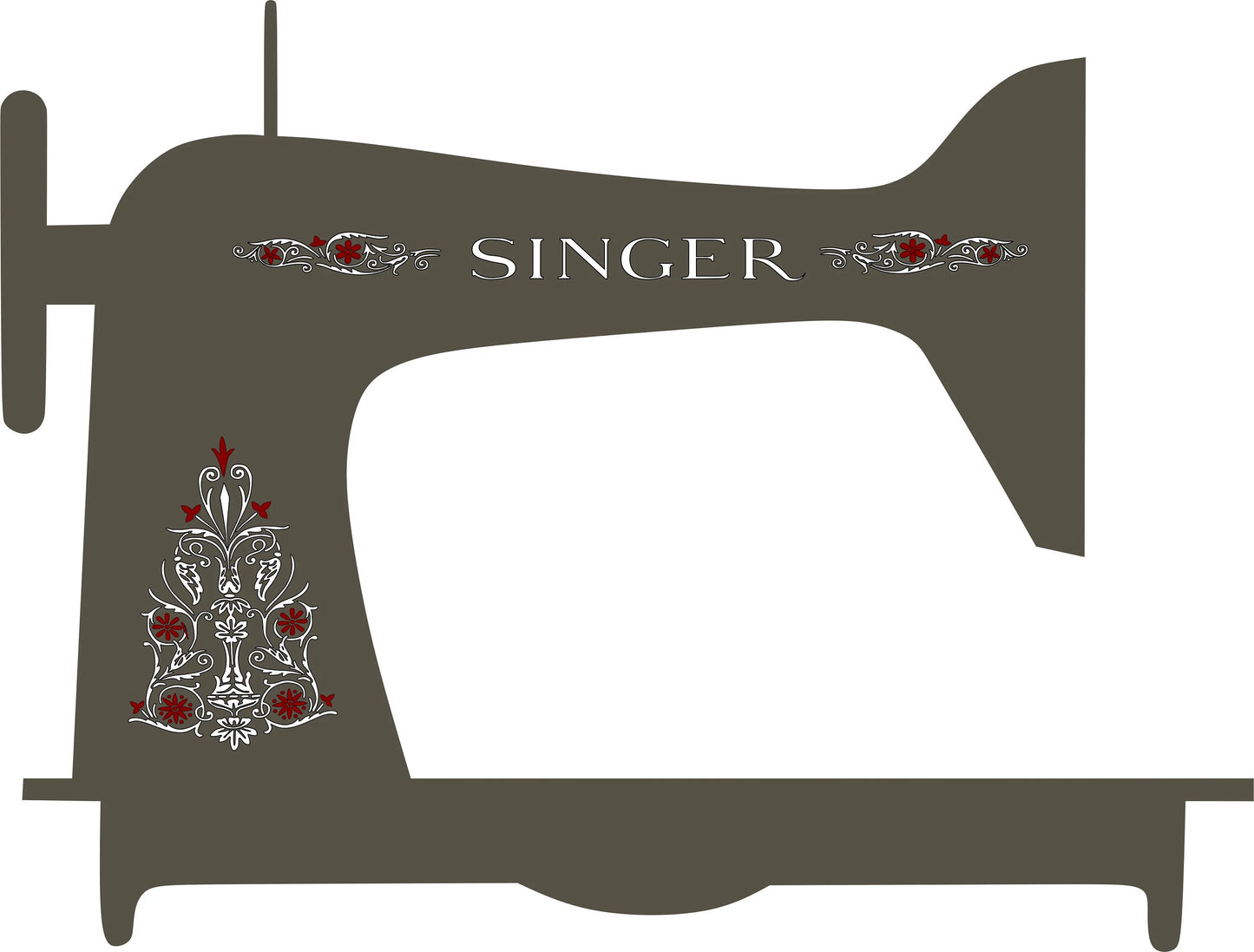Custom Decals - 'Filigree' White with Red Sewing Machine waterslide decals