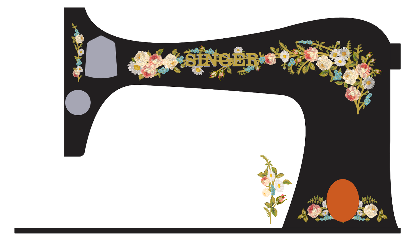 Model 27K 'Painted Roses, Daisies and Forget Me Knots' sewing machine waterslide decals