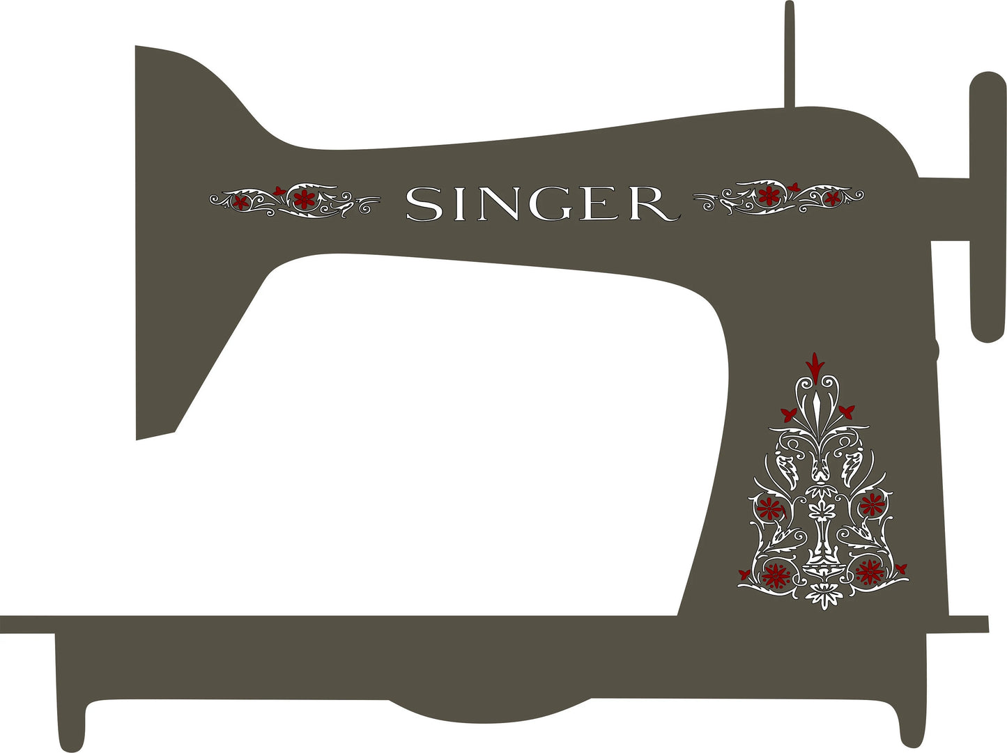 Custom Decals - 'Filigree' White with Red Sewing Machine waterslide decals