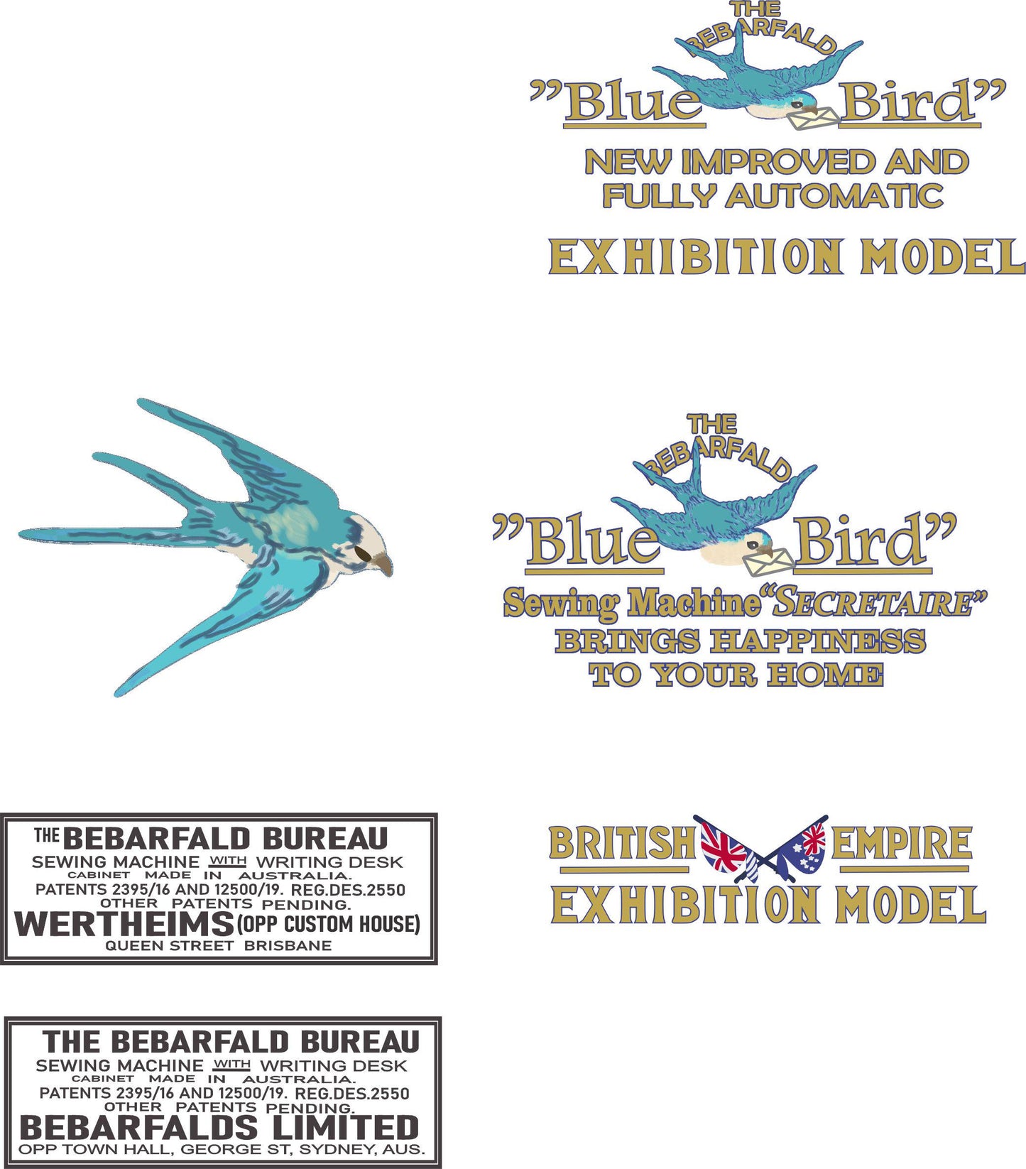 Bebarfald "Blue Bird" - Sewing Machine waterslide Decals