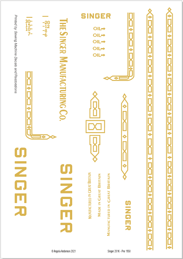 Model 201K Post 1950 Sewing Machine waterslide Decals